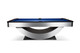 Doc & Holliday Poshy Reverse Rainbow pool table, wide on white, featuring Euro Blue Championship felt and silver metallic frame. Doc & Holliday Poshy Reverse Rainbow pool table, wide on white, featuring Euro Blue Championship felt and silver metallic frame.